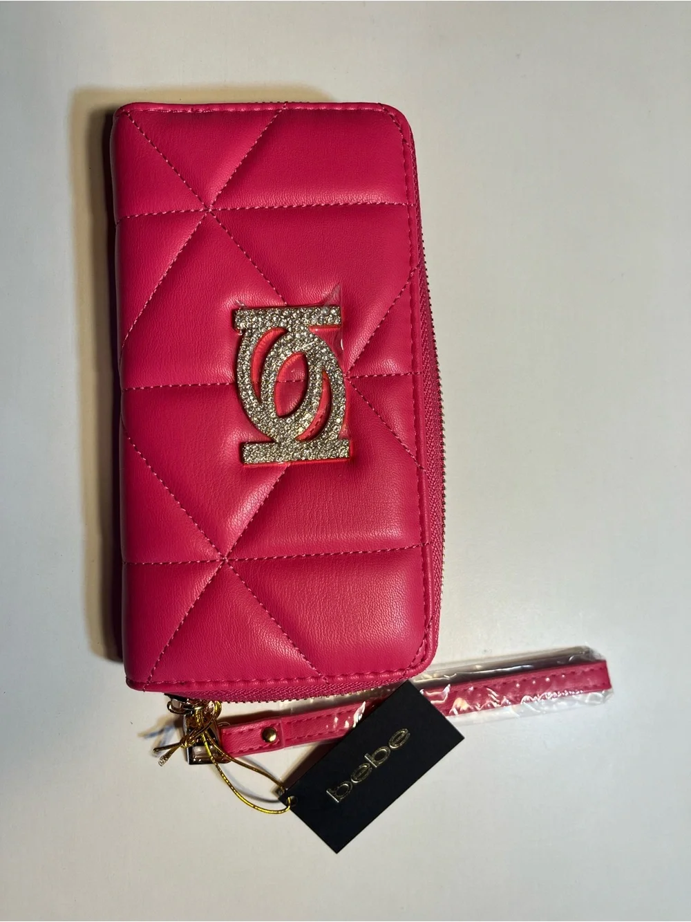 bebe Pink Quilted Wristlet Wallet with Crystal Logo NWT